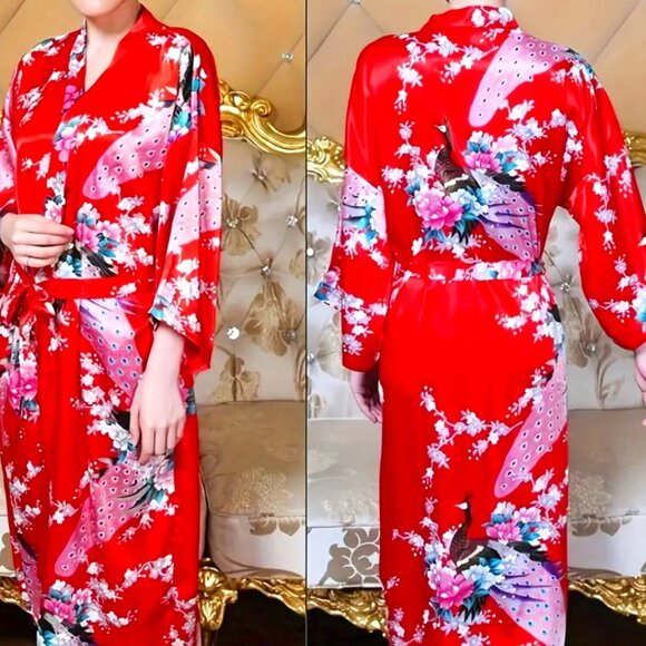 Callie Lives Red Kimono Robe 3/4 Length Intimates Loungewear Fashion Robe - Picture 5 of 7